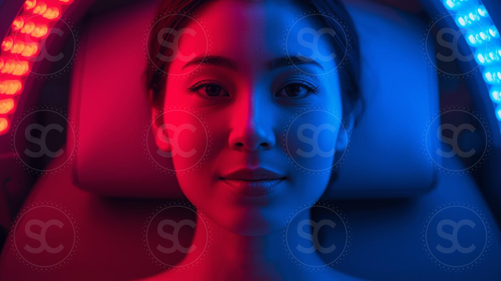 LED Lichttherapie Gesicht mit rotem und blauem Licht für Anti Aging und moderne Hautbehandlung