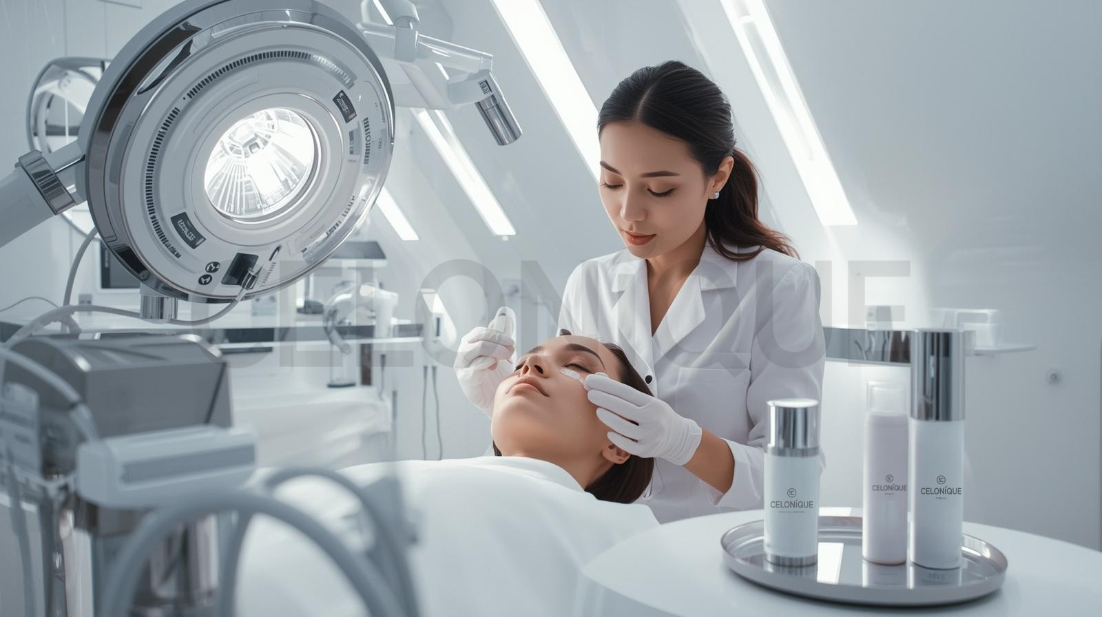 Professionelle CELONIQUE Gesichtsbehandlung in einer Klinik mit ULTIMA EMS Gerät und regenerativer Exosomen-Hautpflege